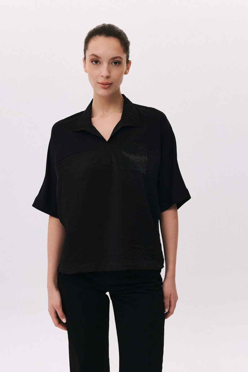 Daido Kadın Düşük Kollu Polo Yaka Penye Bluz 6233 Siyah - Daido