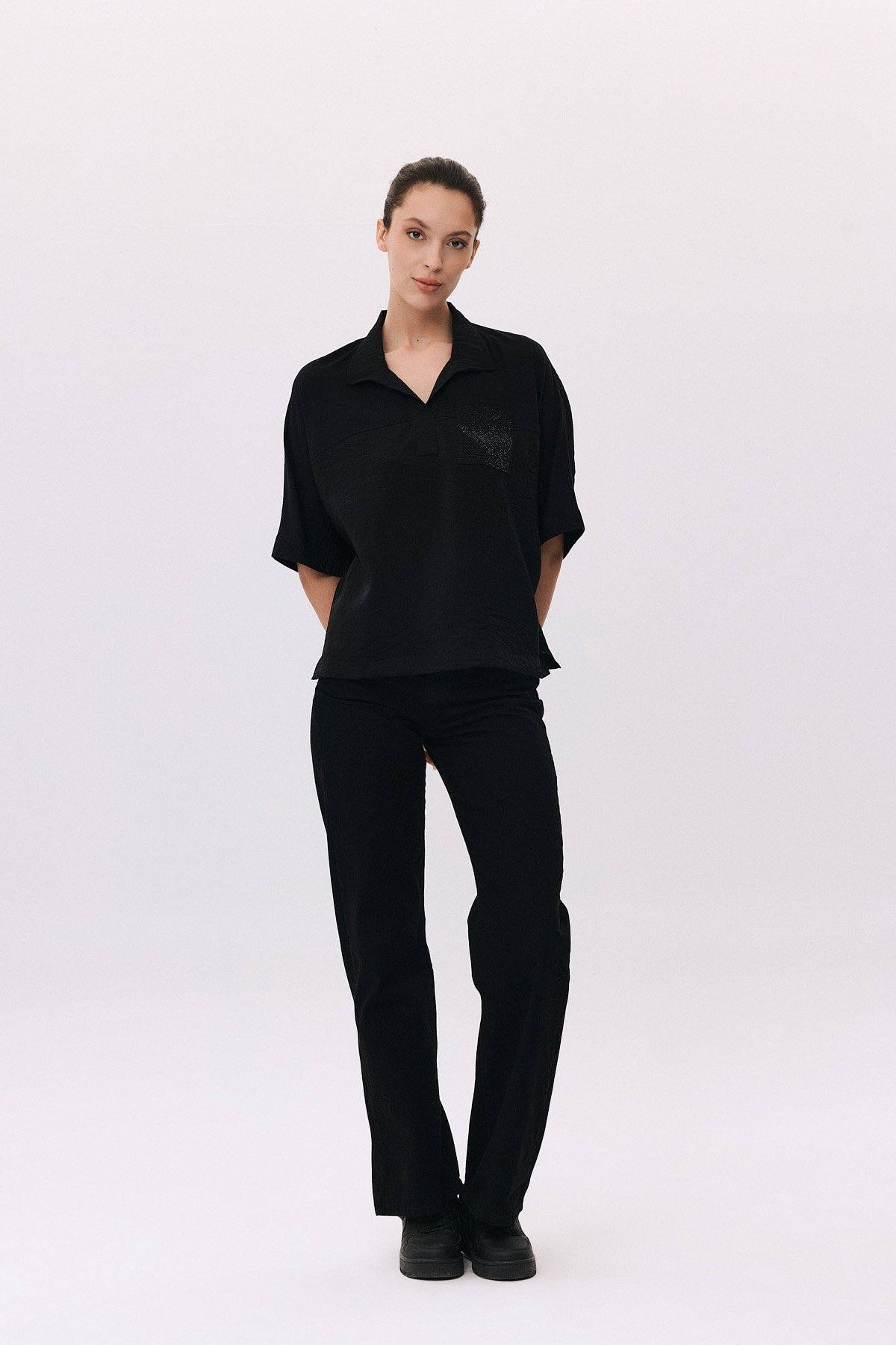 Daido Kadın Düşük Kollu Polo Yaka Penye Bluz 6233 Siyah - 2