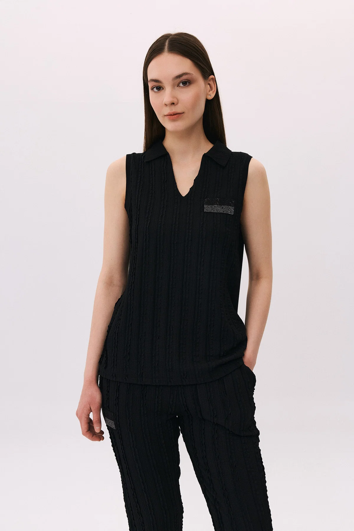 Daido Kadın Kolsuz Polo Yaka Penye T-Shirt 4814 Siyah - 1