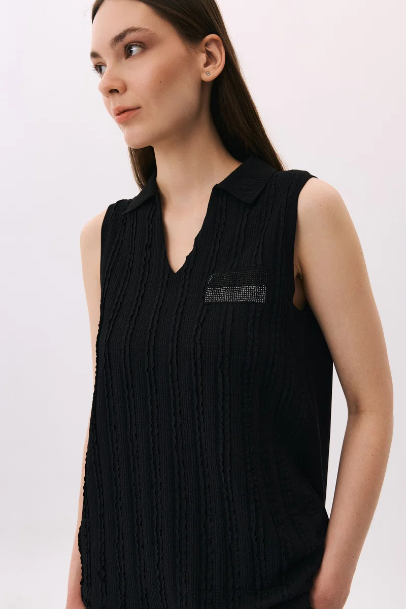 Daido Kadın Kolsuz Polo Yaka Penye T-Shirt 4814 Siyah - 3