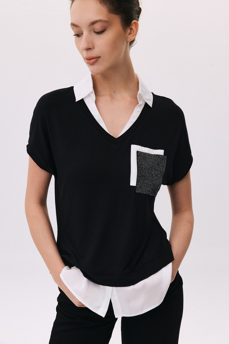 Daido Kadın Polo Yaka Çift Kumaşlı Bluz 6223 Siyah - 3
