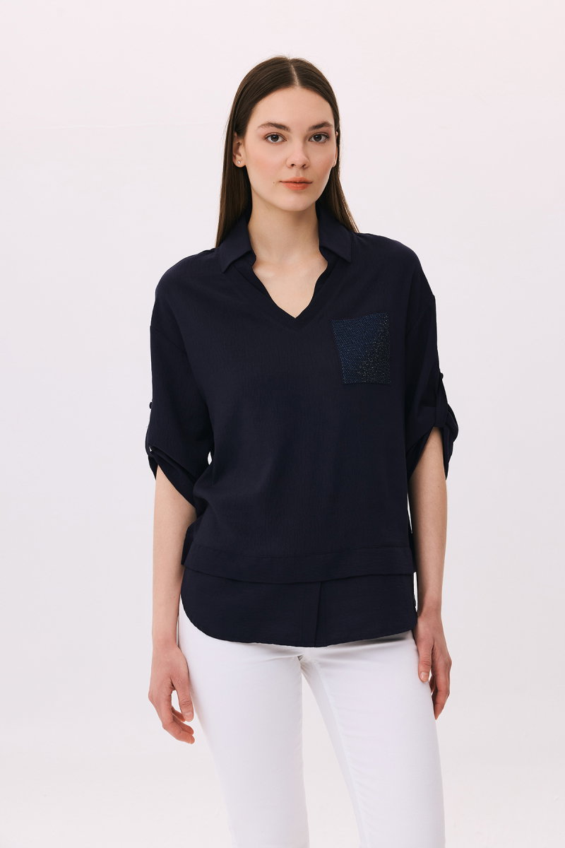 Daido Kadın Polo Yaka Truvakar Kol Bluz 6258 Lacivert - Daido