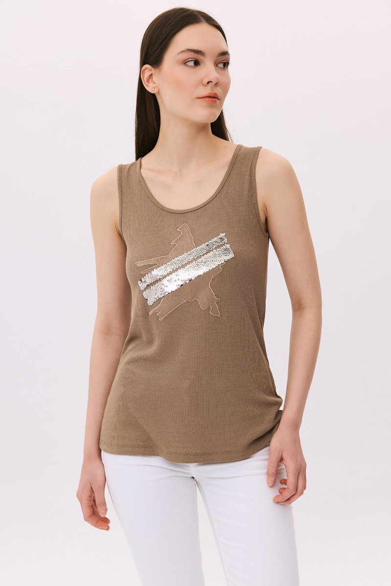 Daido Kadın Pul İşlemeli Kolsuz Bluz 4829 Vizon - Daido