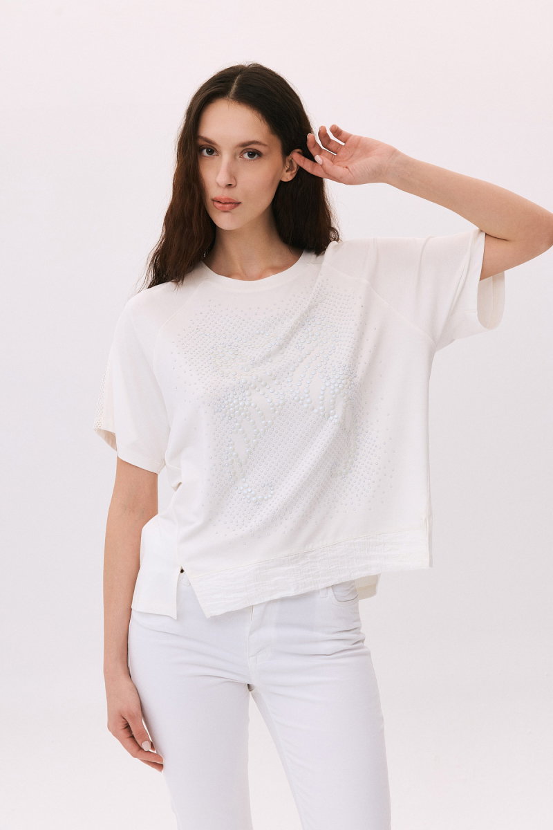 Daido Kadın Taş Süslemeli Ön Kısa Arkası Uzun Bluz 6222 Ekru - Daido