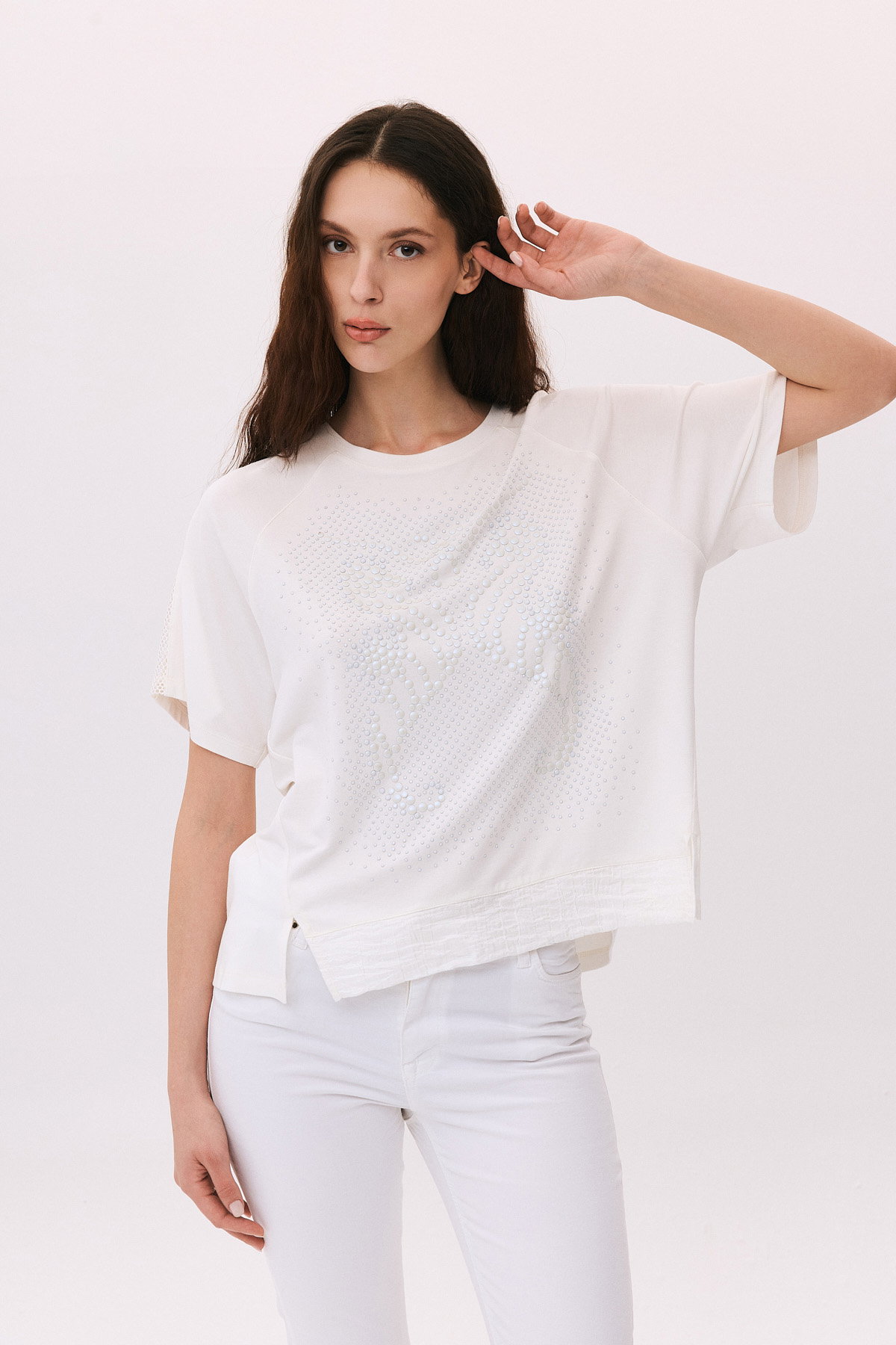 Daido Kadın Taş Süslemeli Ön Kısa Arkası Uzun Bluz 6222 Ekru - 1