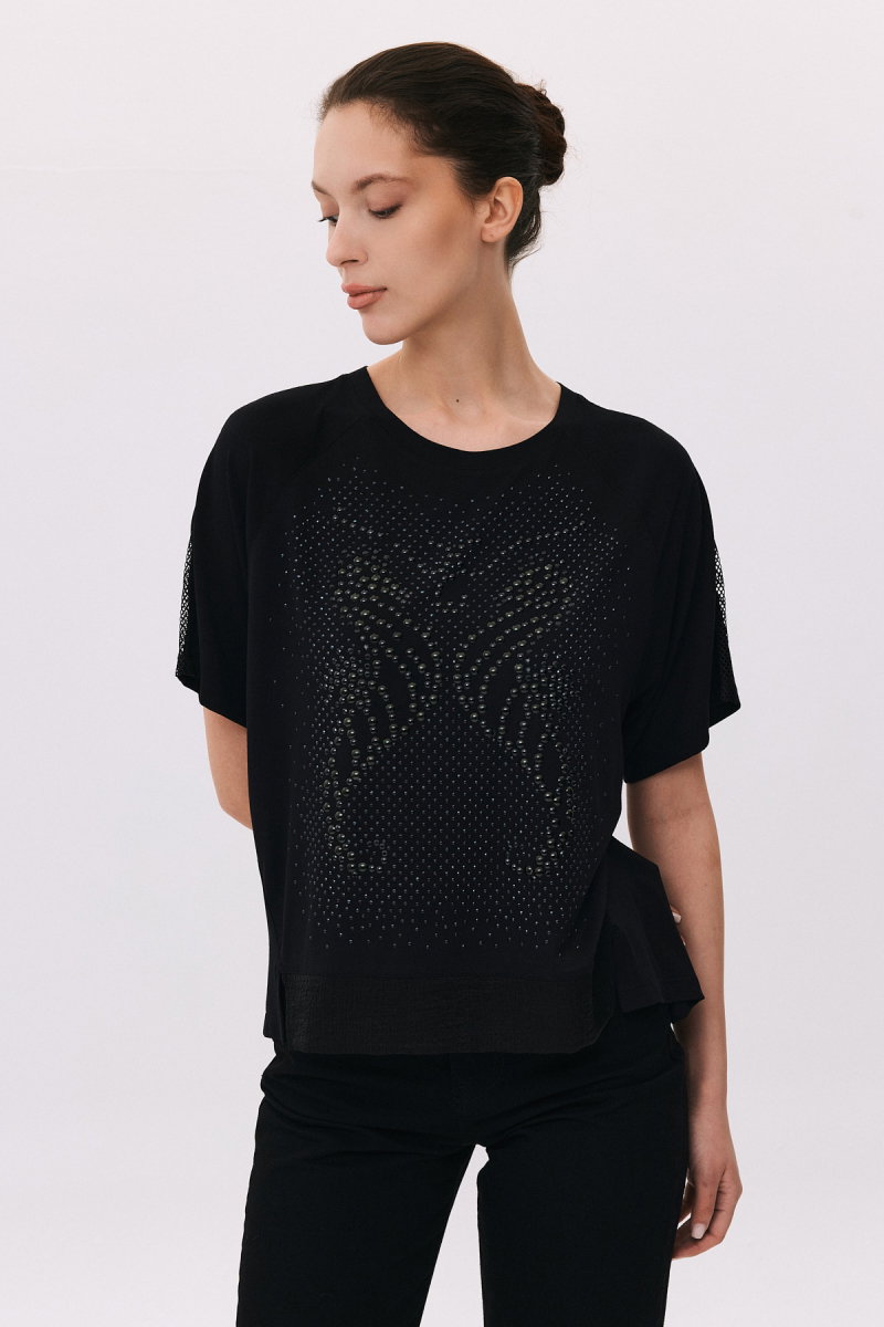 Daido Kadın Taş Süslemeli Ön Kısa Arkası Uzun Bluz 6222 Siyah - Daido