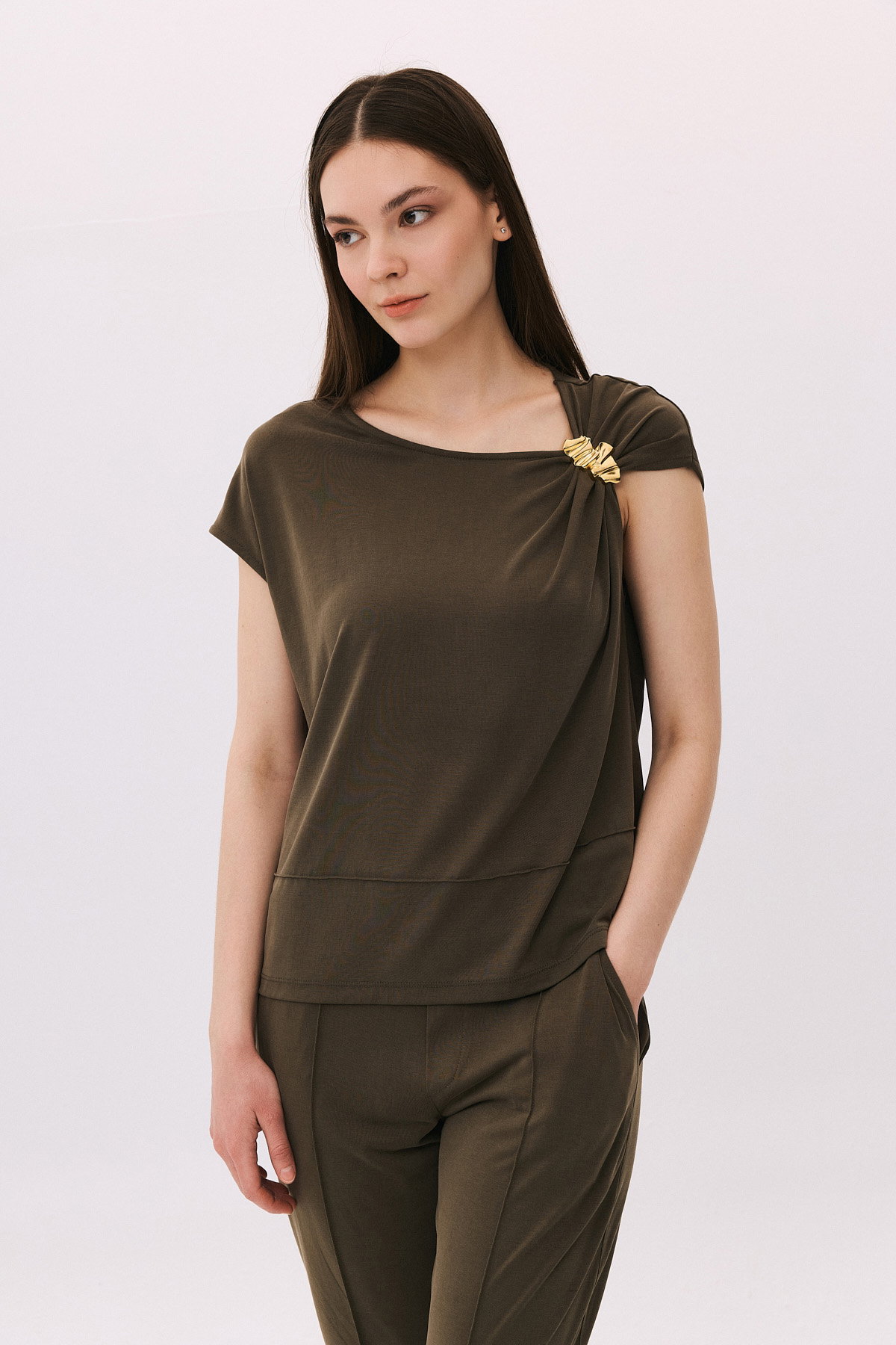 Daido Kadın Toka Detaylı Kolsuz Penye Bluz 6244 Haki - 1