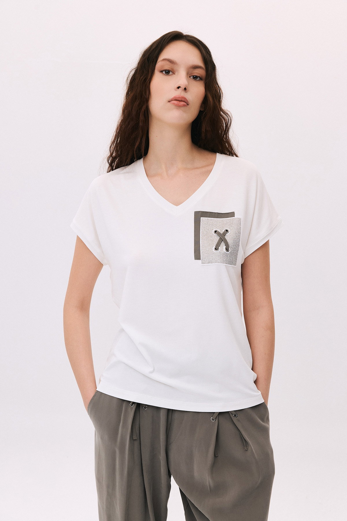 Daido Kadın V Yaka Düşük Kollu Penye T-Shirt 6226 Ekru - 1