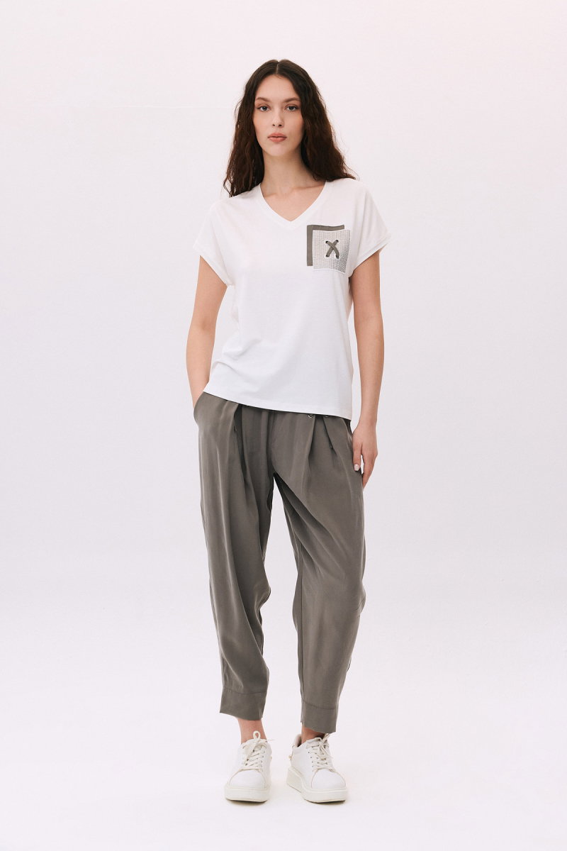 Daido Kadın V Yaka Düşük Kollu Penye T-Shirt 6226 Ekru - 2