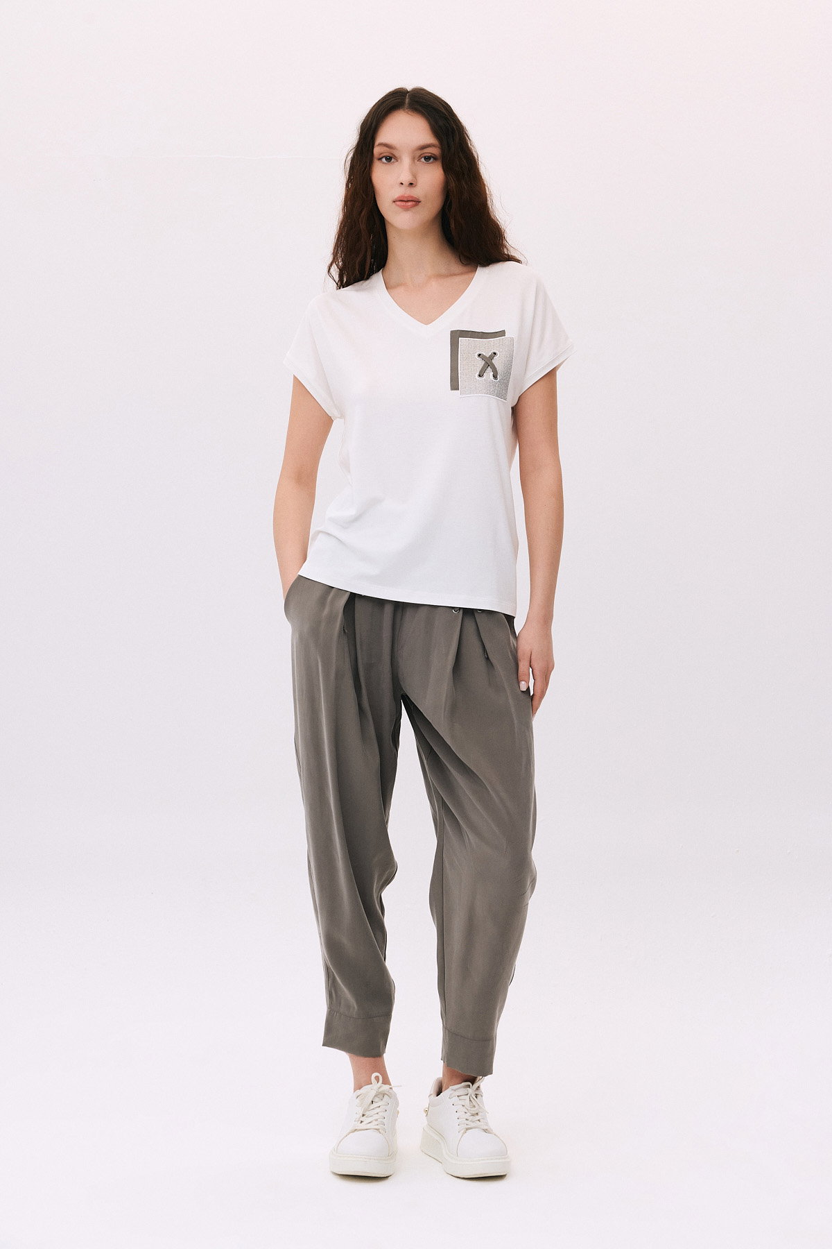 Daido Kadın V Yaka Düşük Kollu Penye T-Shirt 6226 Ekru - 2