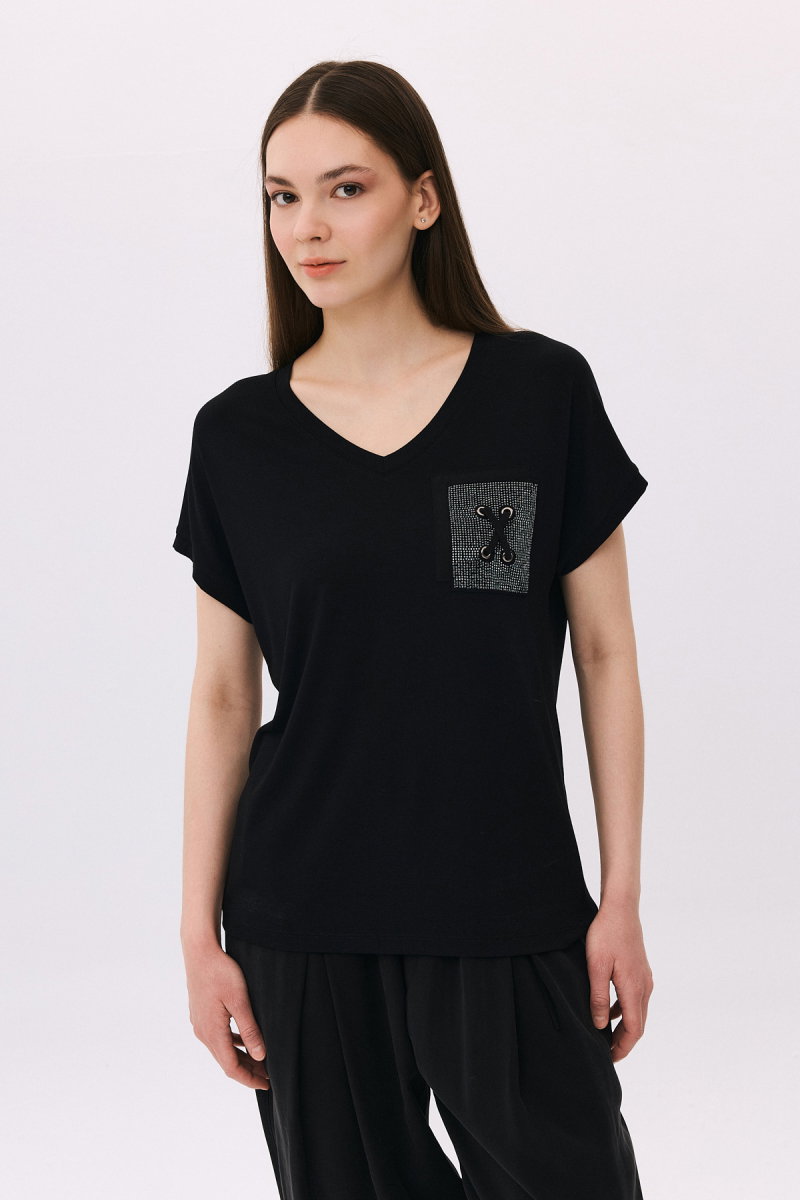 Daido Kadın V Yaka Düşük Kollu Penye T-Shirt 6226 Siyah - Daido