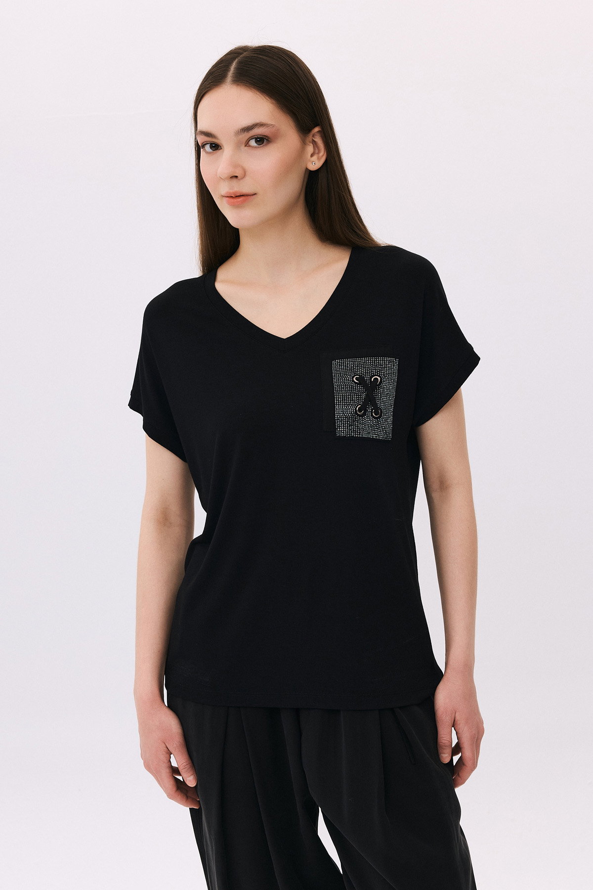 Daido Kadın V Yaka Düşük Kollu Penye T-Shirt 6226 Siyah - 1