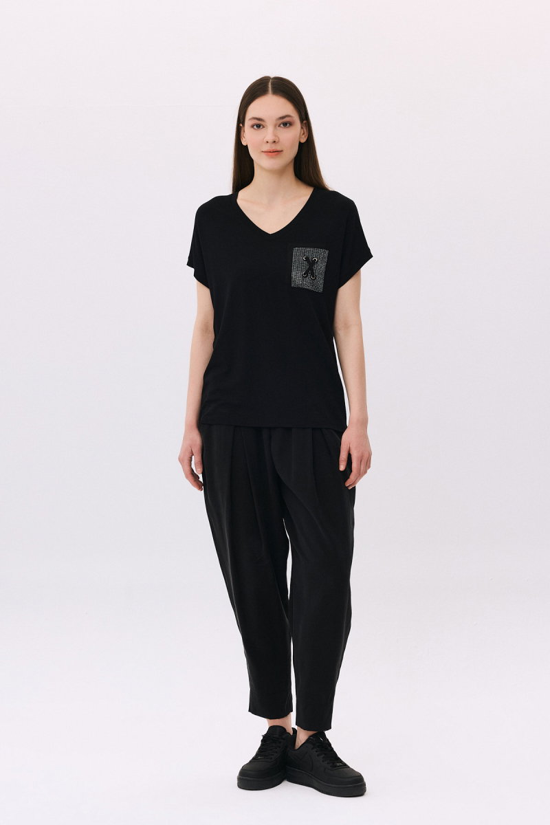 Daido Kadın V Yaka Düşük Kollu Penye T-Shirt 6226 Siyah - 2