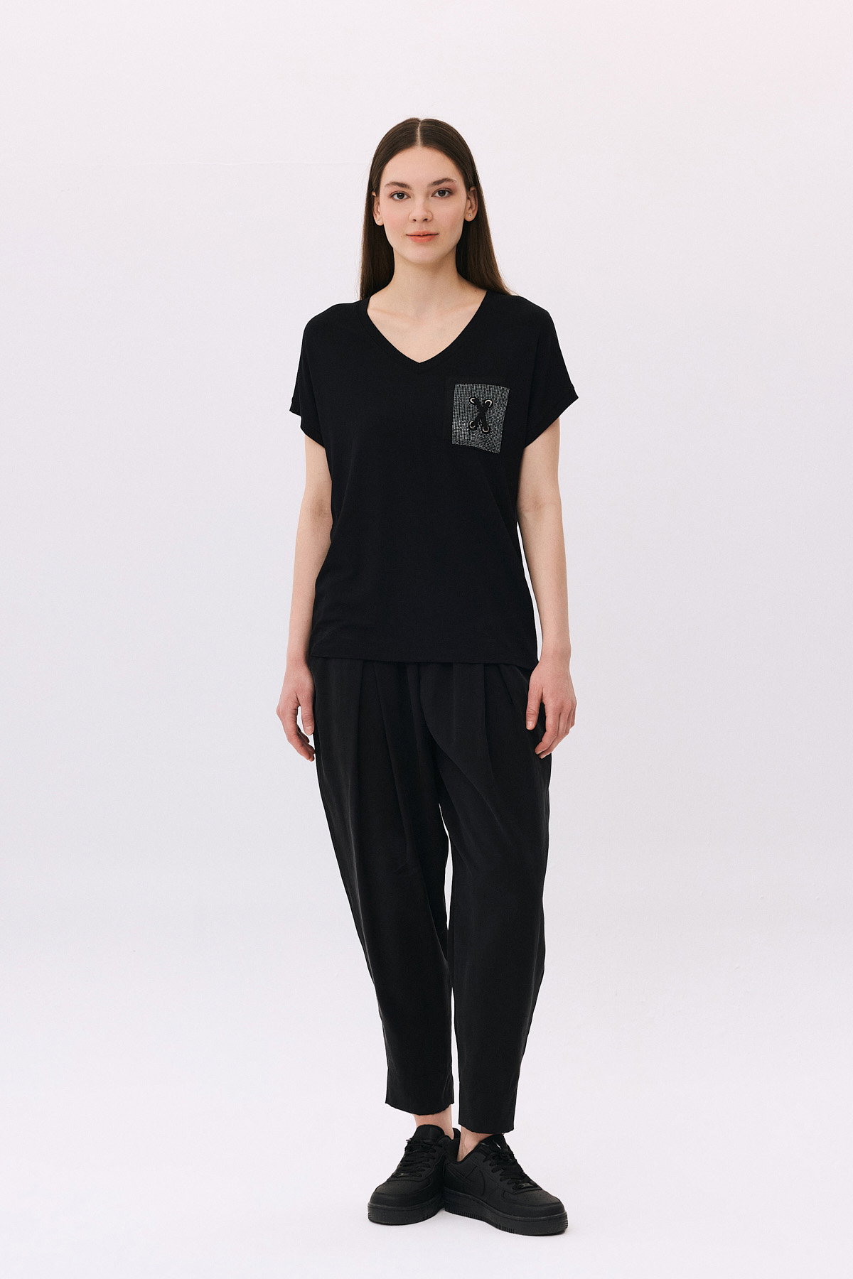 Daido Kadın V Yaka Düşük Kollu Penye T-Shirt 6226 Siyah - 2