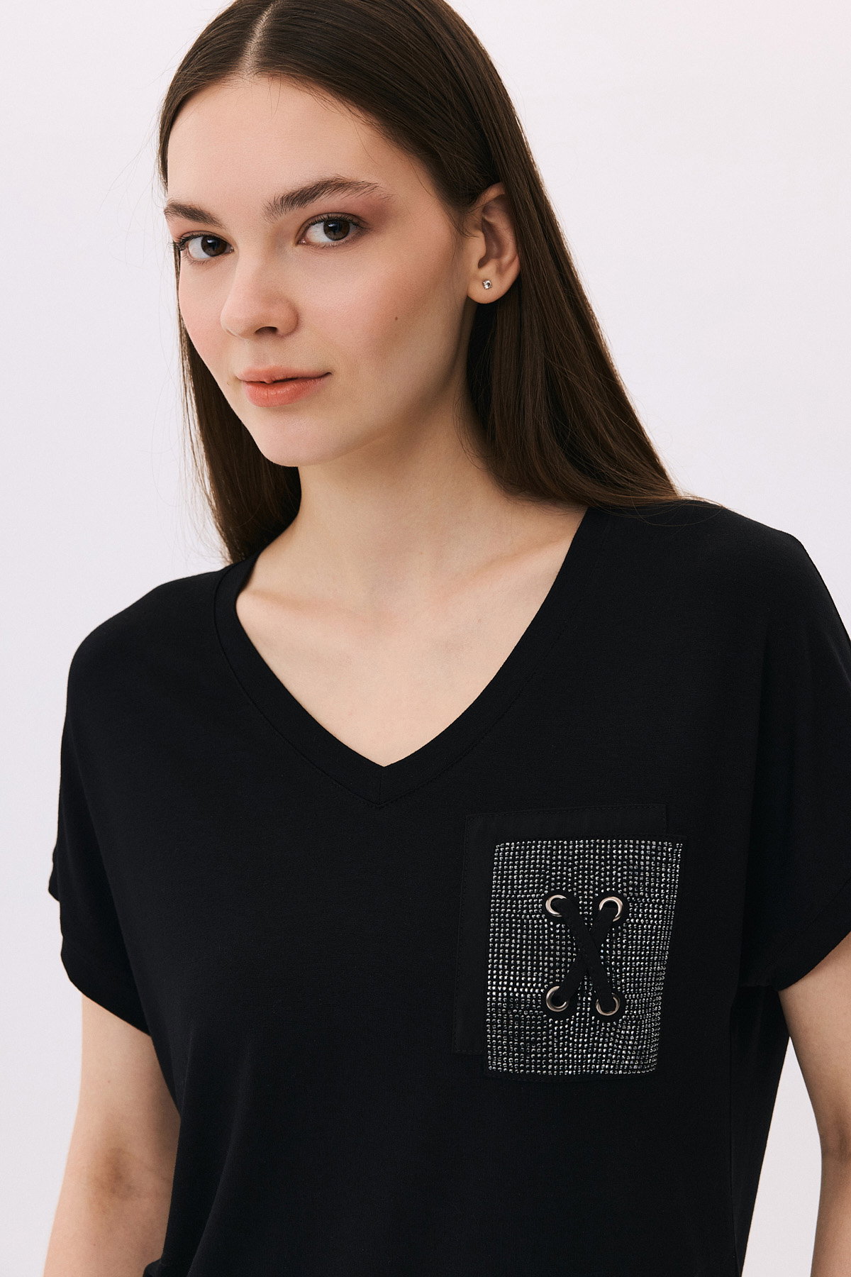 Daido Kadın V Yaka Düşük Kollu Penye T-Shirt 6226 Siyah - 3