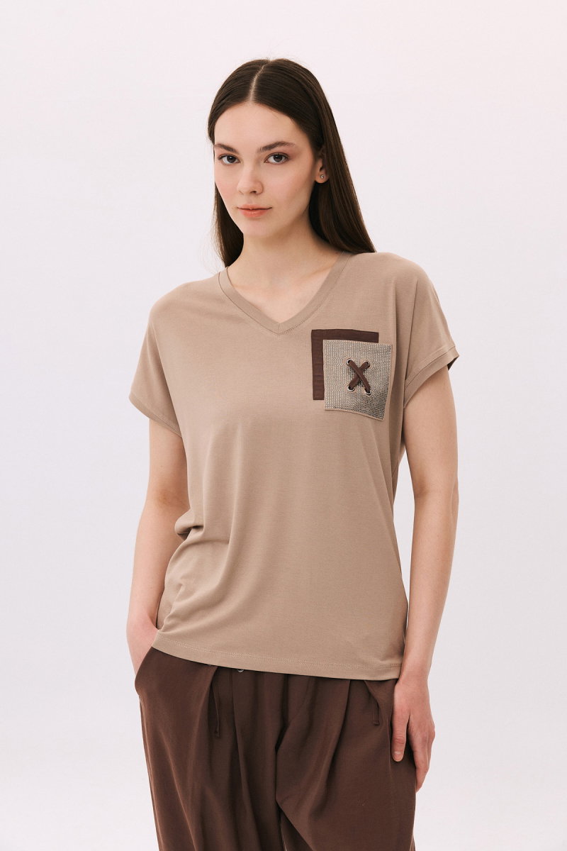 Daido Kadın V Yaka Düşük Kollu Penye T-Shirt 6226 Sütlü Kahve - Daido