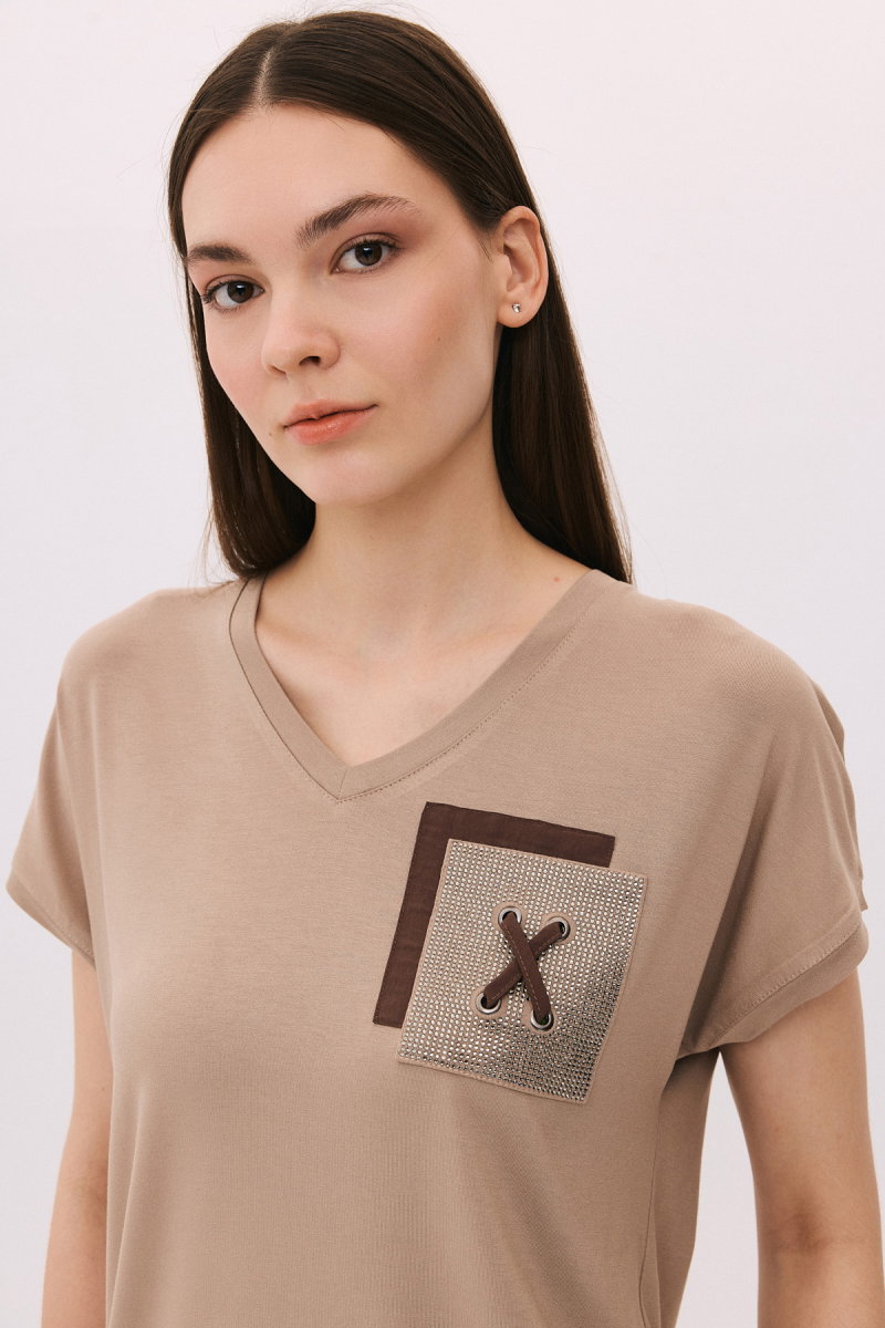 Daido Kadın V Yaka Düşük Kollu Penye T-Shirt 6226 Sütlü Kahve - 3