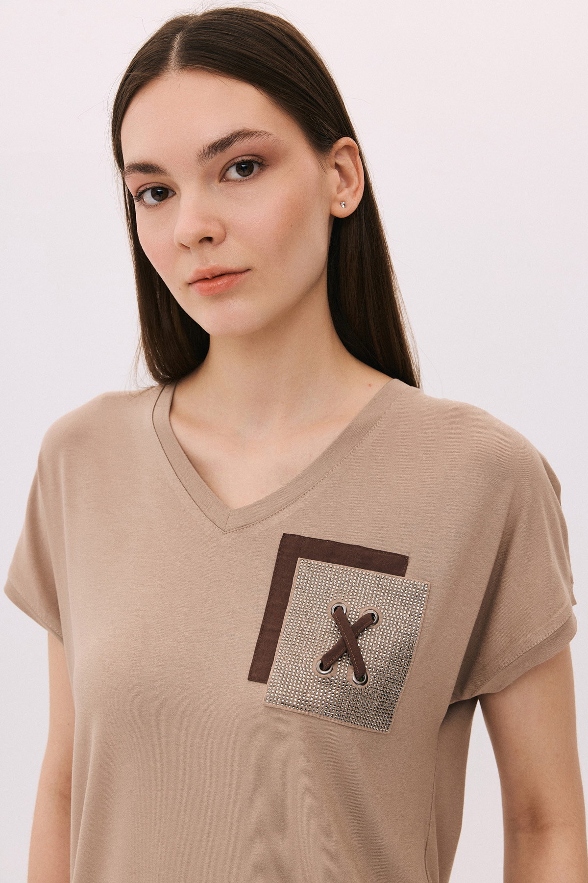 Daido Kadın V Yaka Düşük Kollu Penye T-Shirt 6226 Sütlü Kahve - 3