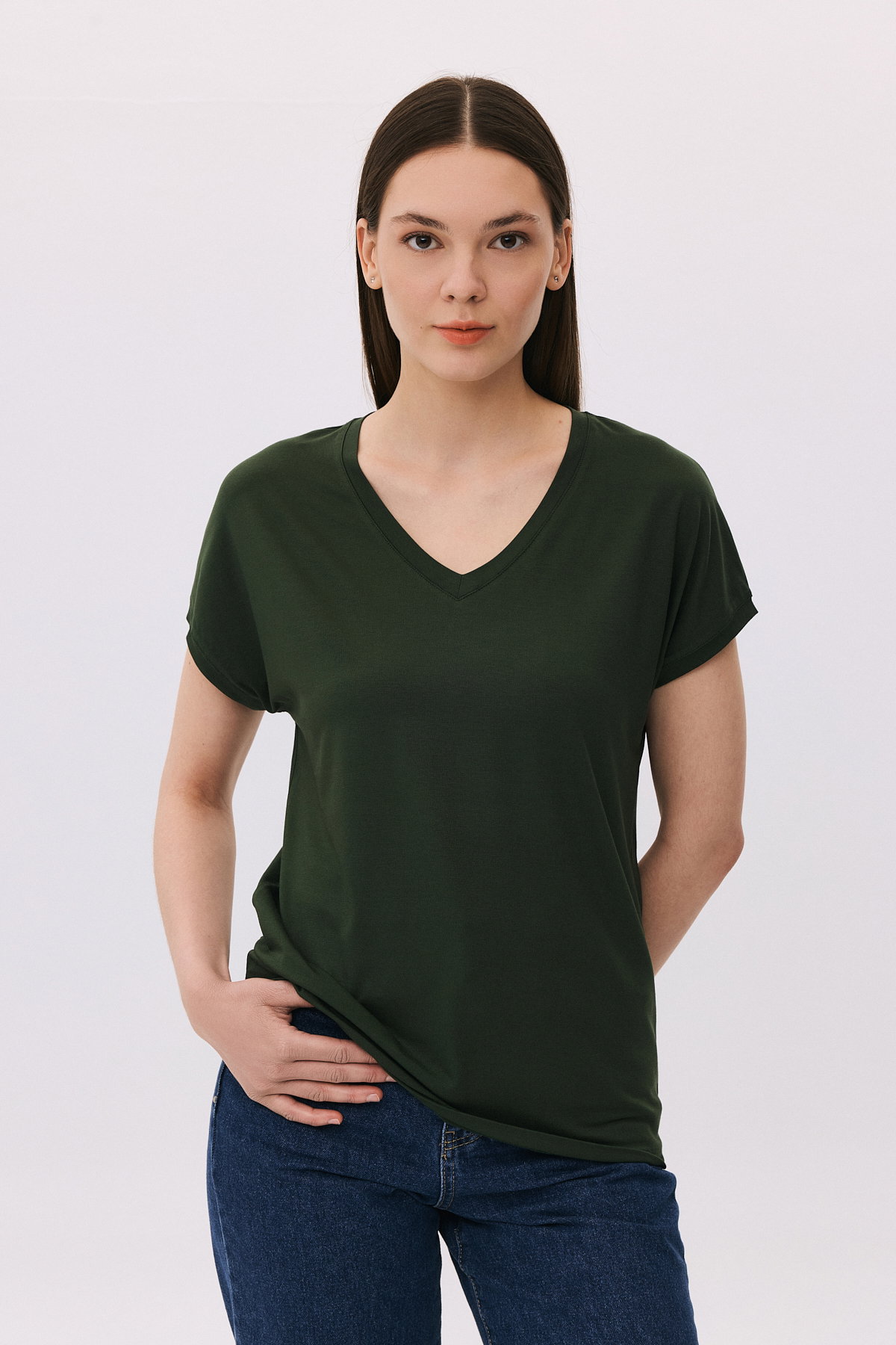 Daido Kadın V Yaka Kısa Kollu Penye T-Shirt 6201 Haki - 1