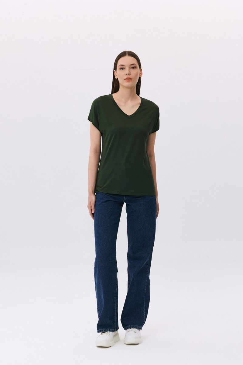 Daido Kadın V Yaka Kısa Kollu Penye T-Shirt 6201 Haki - 2