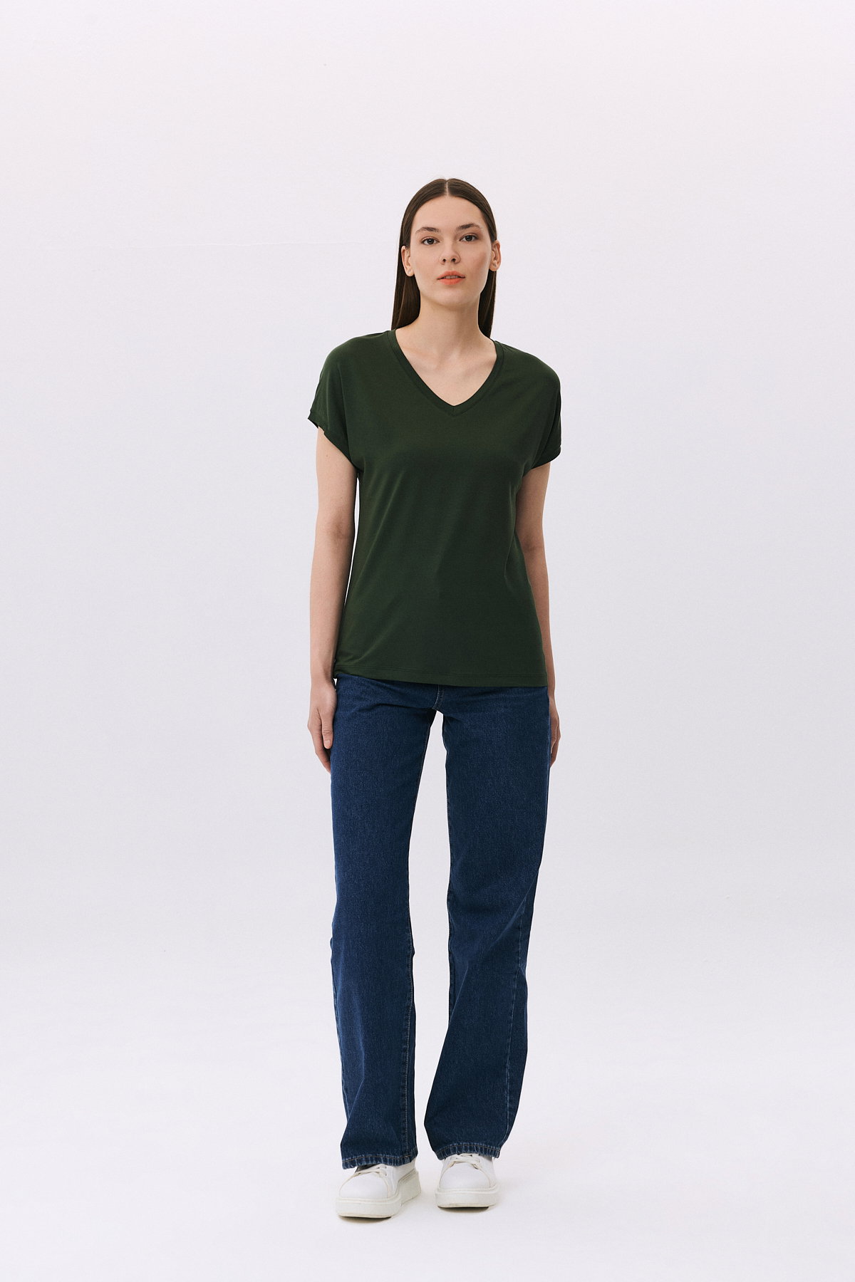 Daido Kadın V Yaka Kısa Kollu Penye T-Shirt 6201 Haki - 2