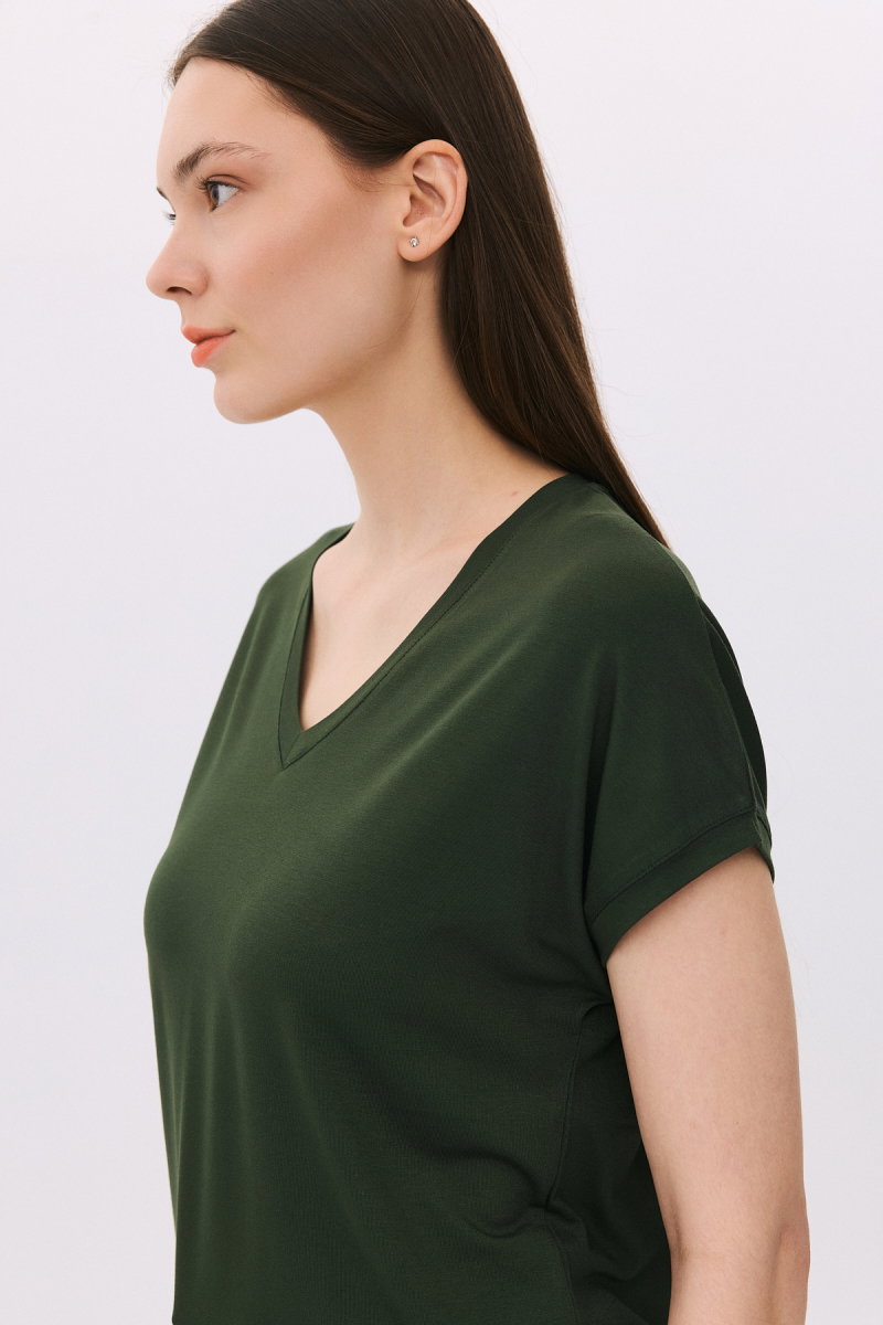 Daido Kadın V Yaka Kısa Kollu Penye T-Shirt 6201 Haki - 3