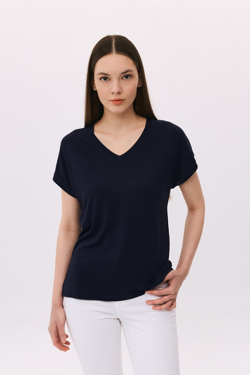 Daido Kadın V Yaka Kısa Kollu Penye T-Shirt 6201 Lacivert - Daido