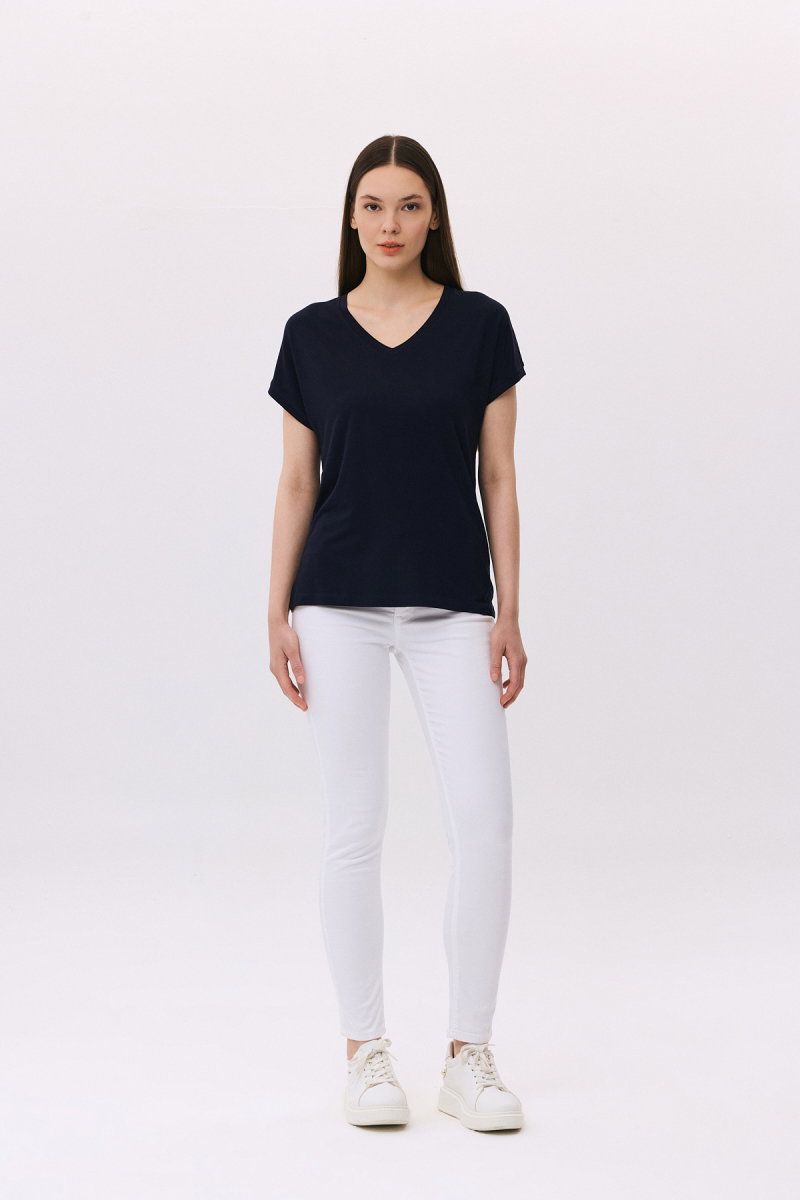 Daido Kadın V Yaka Kısa Kollu Penye T-Shirt 6201 Lacivert - 2