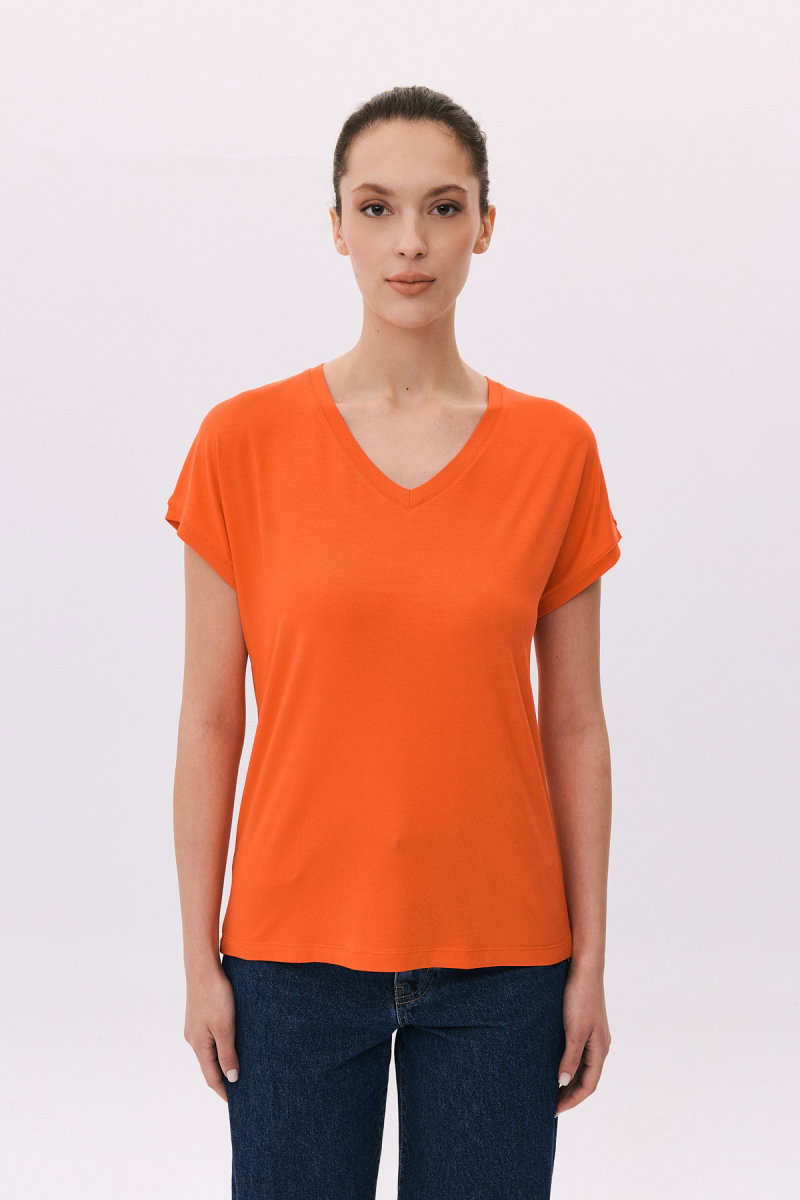 Daido Kadın V Yaka Kısa Kollu Penye T-Shirt 6201 Nar Çiçeği - Daido