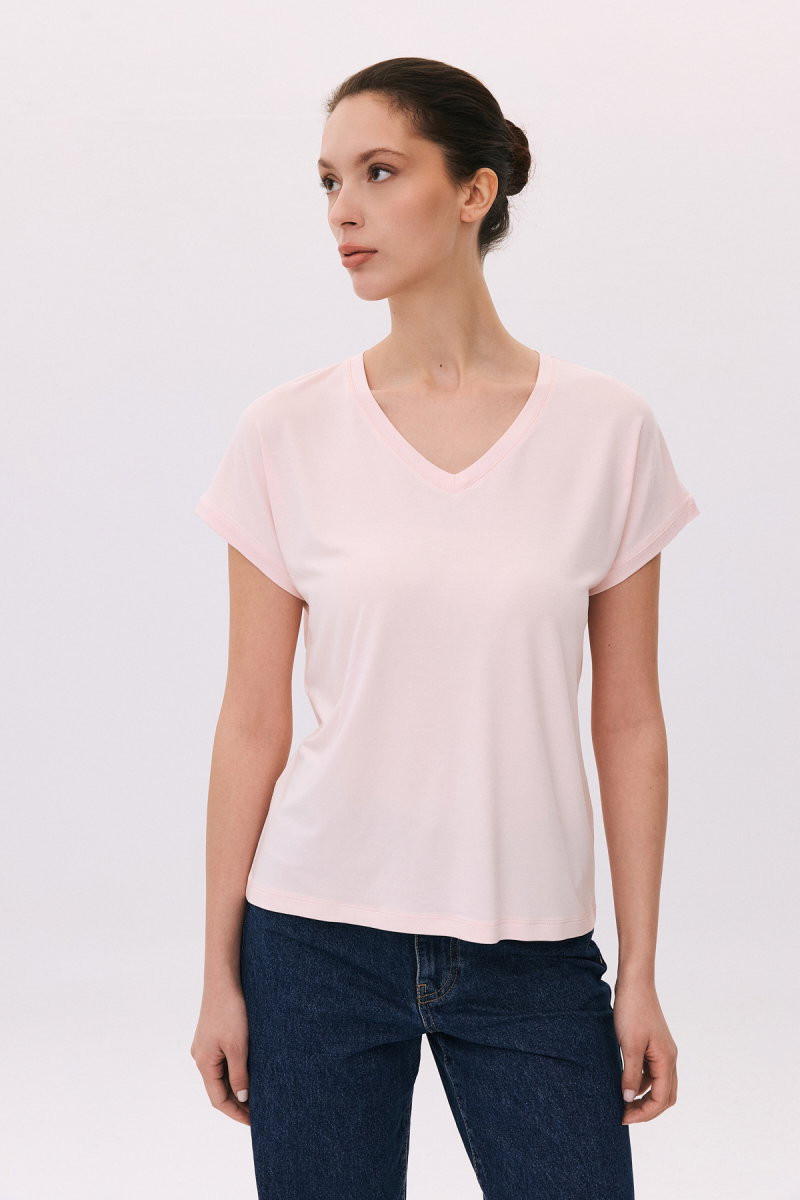 Daido Kadın V Yaka Kısa Kollu Penye T-Shirt 6201 Pembe - Daido