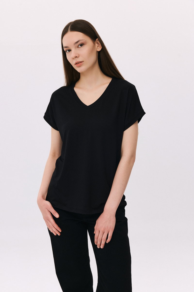 Daido Kadın V Yaka Kısa Kollu Penye T-Shirt 6201 Siyah - Daido