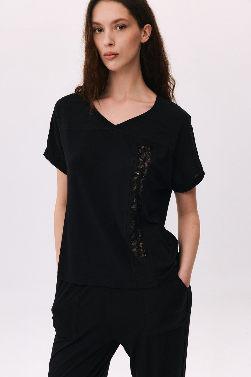 Daido Kadın V Yaka Kısa Kollu Taş Detaylı Penye Bluz 6238 Siyah - Daido