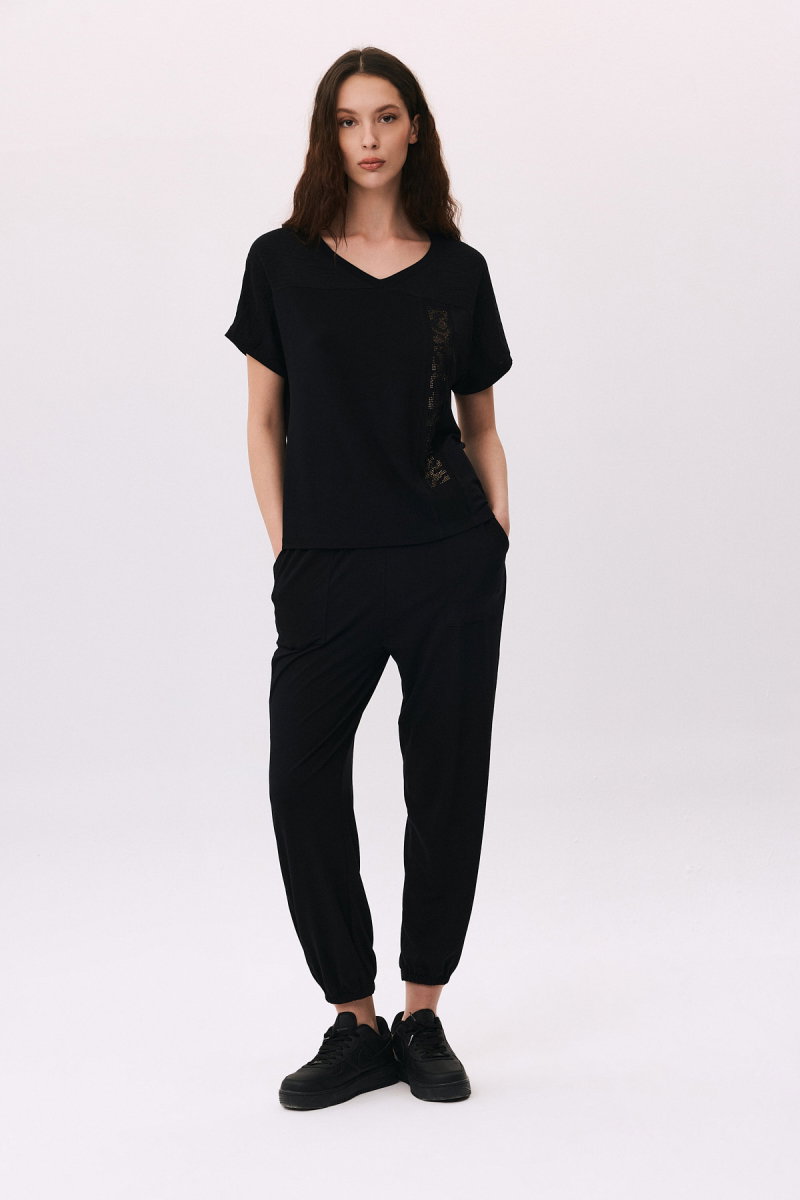 Daido Kadın V Yaka Kısa Kollu Taş Detaylı Penye Bluz 6238 Siyah - 2