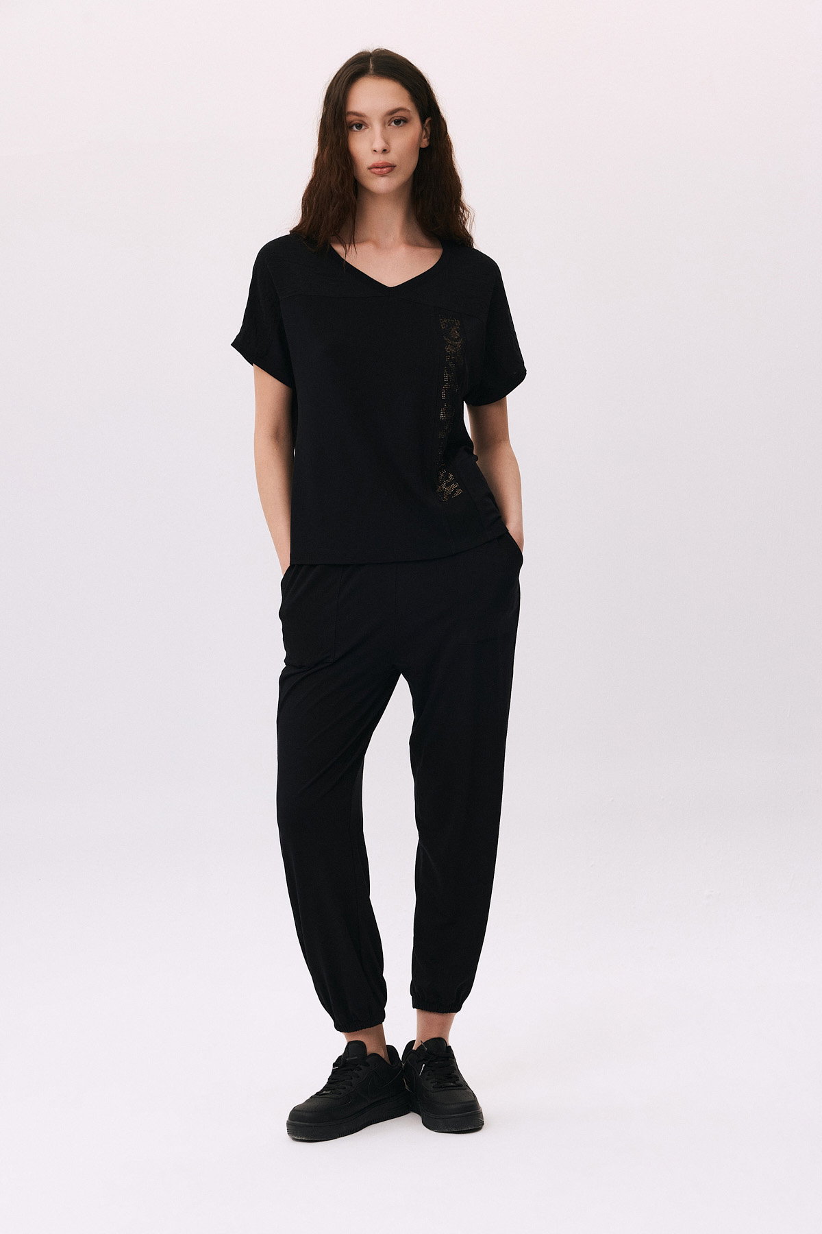 Daido Kadın V Yaka Kısa Kollu Taş Detaylı Penye Bluz 6238 Siyah - 2