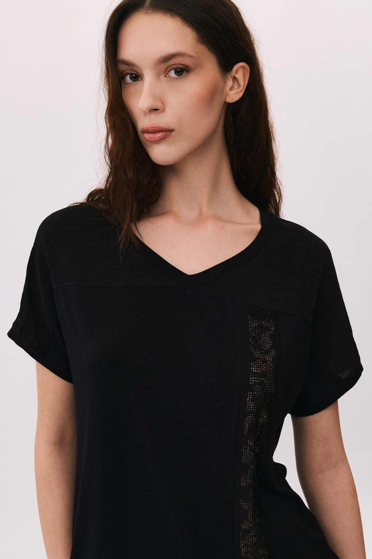 Daido Kadın V Yaka Kısa Kollu Taş Detaylı Penye Bluz 6238 Siyah - 3