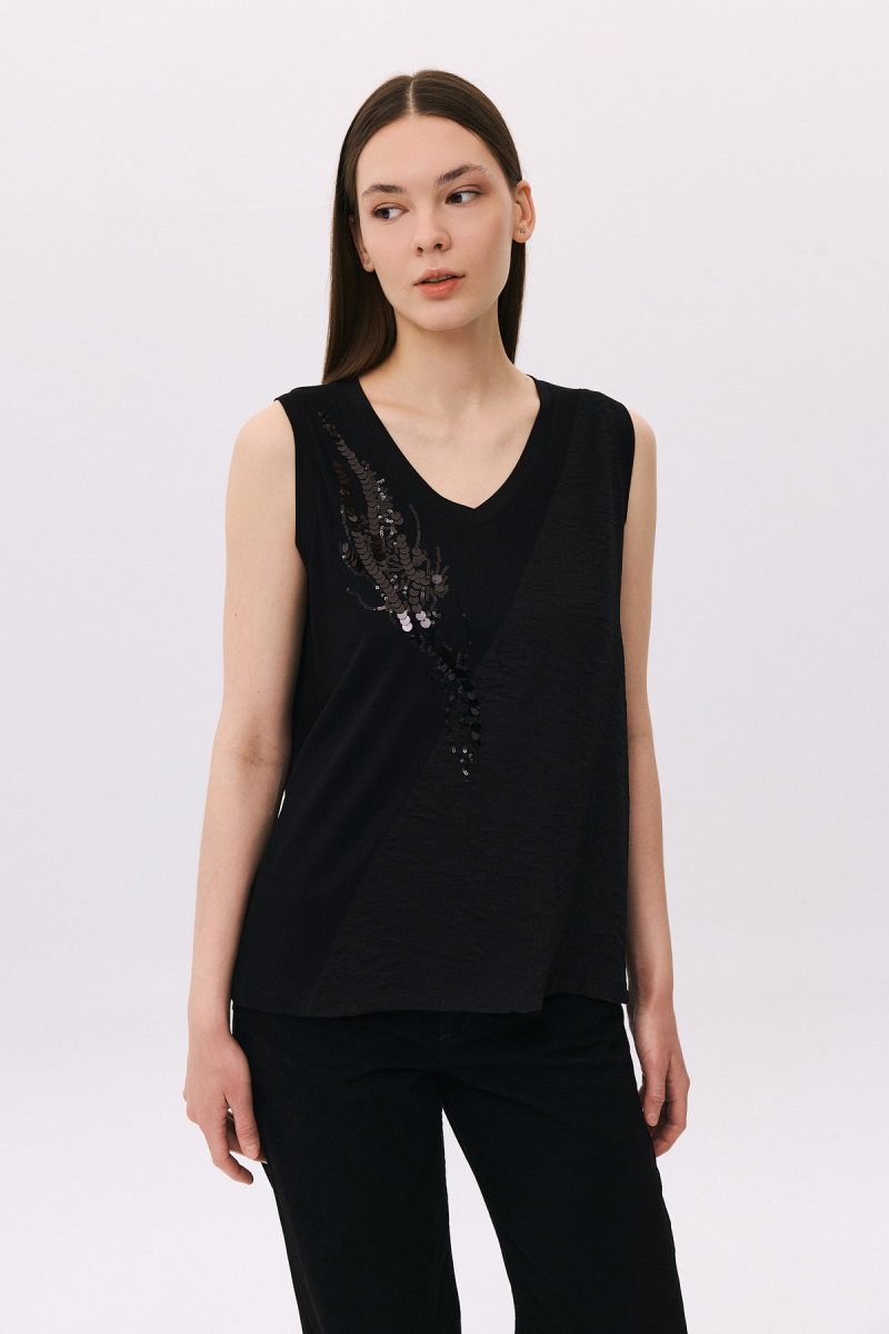 Daido Kadın V Yaka Pul Detaylı Kolsuz Bluz 4830 Siyah - Daido