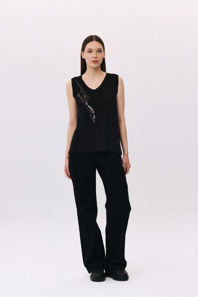 Daido Kadın V Yaka Pul Detaylı Kolsuz Bluz 4830 Siyah - 2