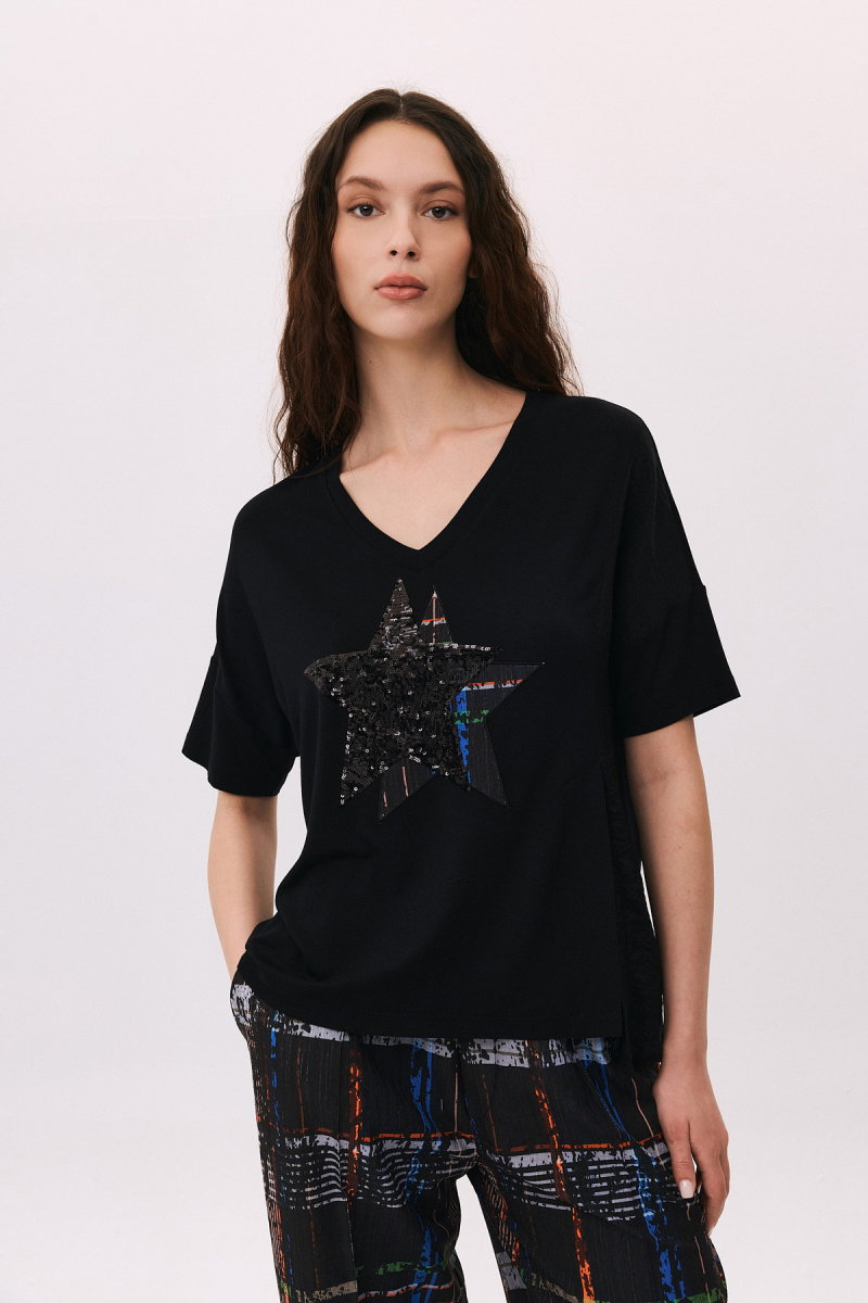 Daido Kadın V Yaka Pul Detaylı ve Desenli Kısa Kol T-Shirt 6235 Siyah - Daido