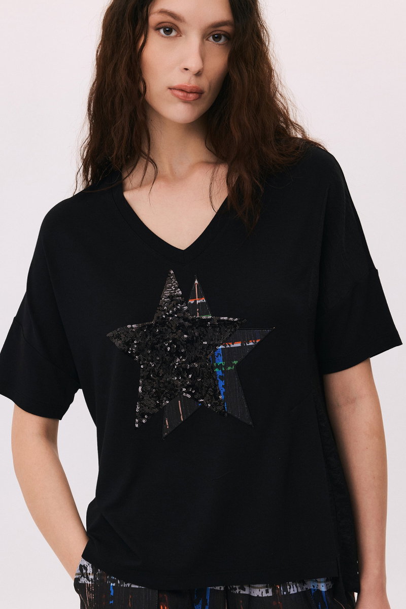 Daido Kadın V Yaka Pul Detaylı ve Desenli Kısa Kol T-Shirt 6235 Siyah - 3