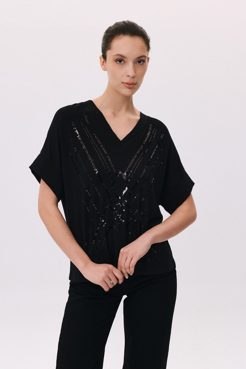 Daido Kadın V Yaka Pul İşlemeli Kısa Kollu Bluz 6212 Siyah - Daido