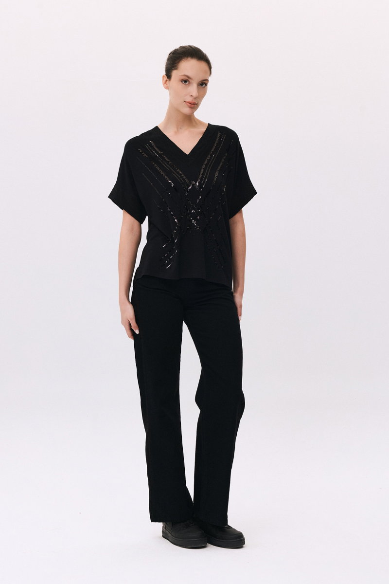 Daido Kadın V Yaka Pul İşlemeli Kısa Kollu Bluz 6212 Siyah - 2