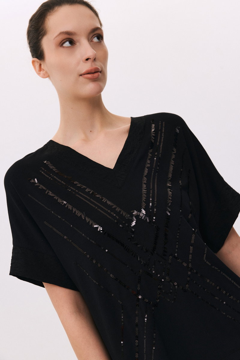 Daido Kadın V Yaka Pul İşlemeli Kısa Kollu Bluz 6212 Siyah - 3