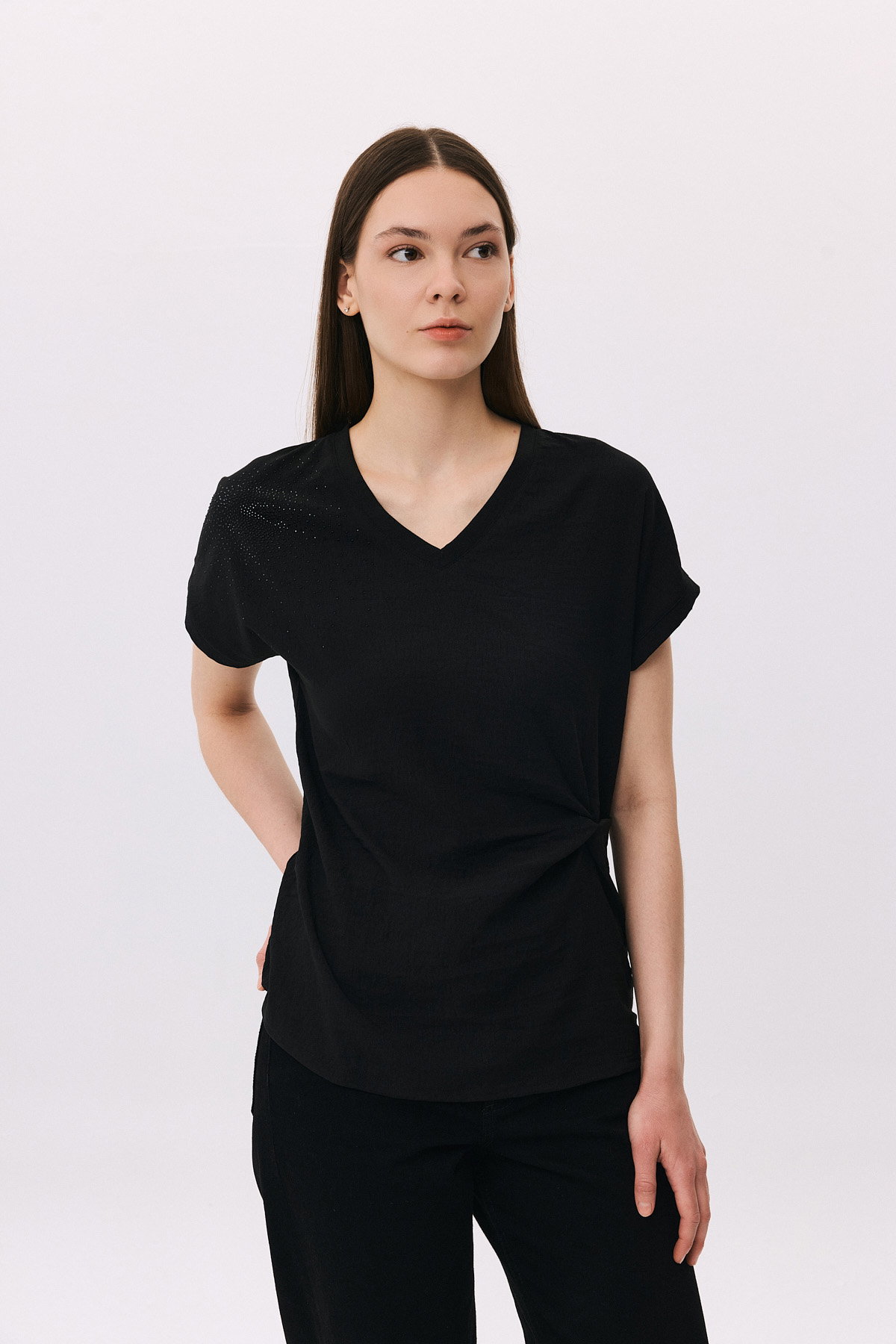 Daido Kadın V Yaka Taş Detaylı Kısa Kollu Bluz 6259 Siyah - 1