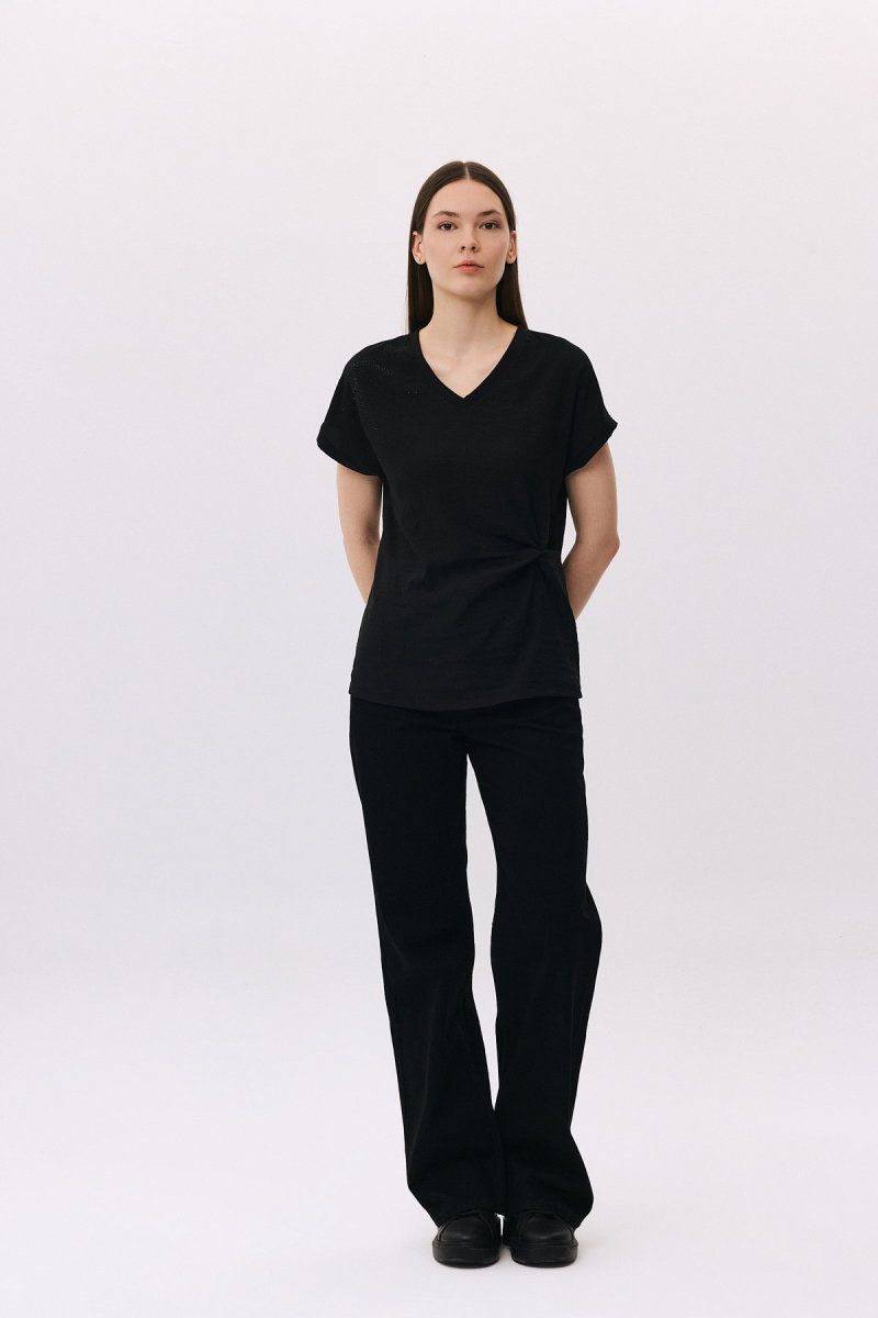 Daido Kadın V Yaka Taş Detaylı Kısa Kollu Bluz 6259 Siyah - 2