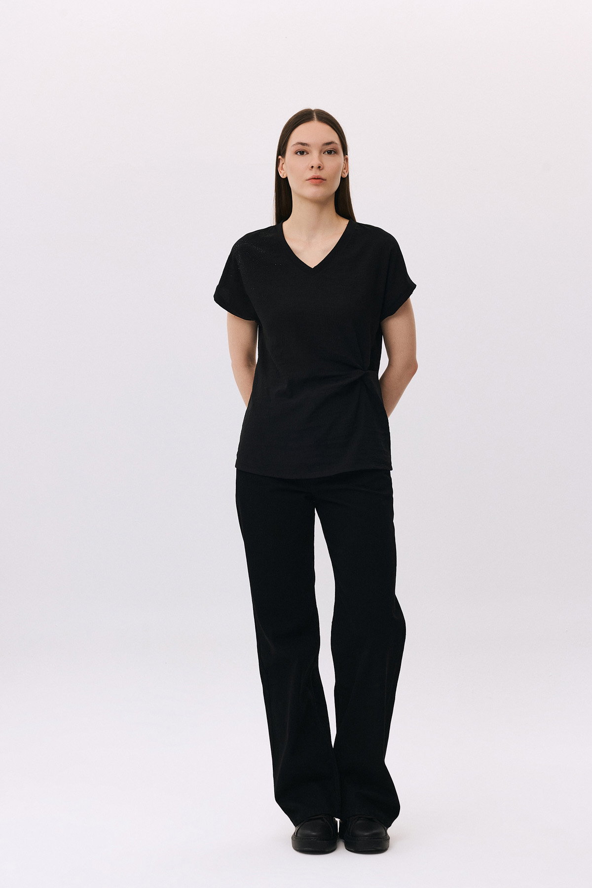 Daido Kadın V Yaka Taş Detaylı Kısa Kollu Bluz 6259 Siyah - 2