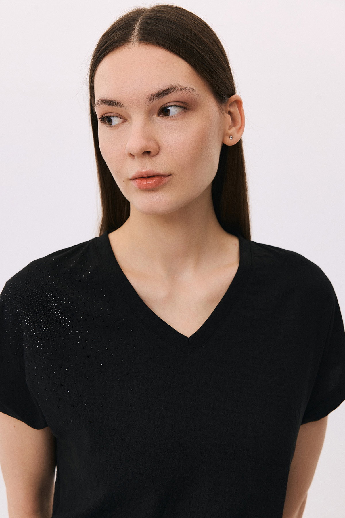 Daido Kadın V Yaka Taş Detaylı Kısa Kollu Bluz 6259 Siyah - 3