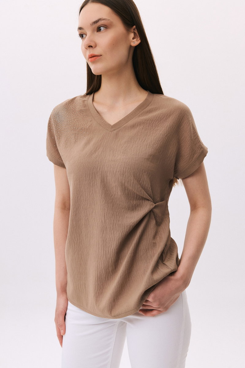 Daido Kadın V Yaka Taş Detaylı Kısa Kollu Bluz 6259 Vizon - Daido