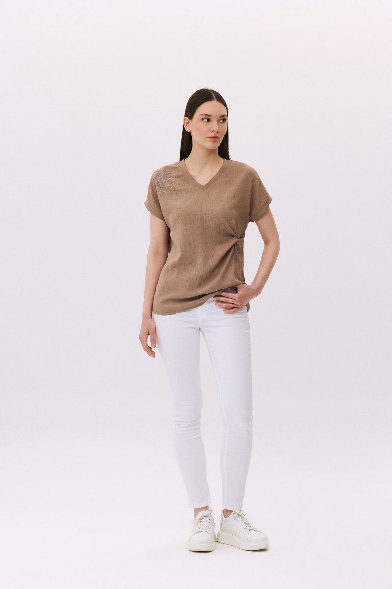 Daido Kadın V Yaka Taş Detaylı Kısa Kollu Bluz 6259 Vizon - 2