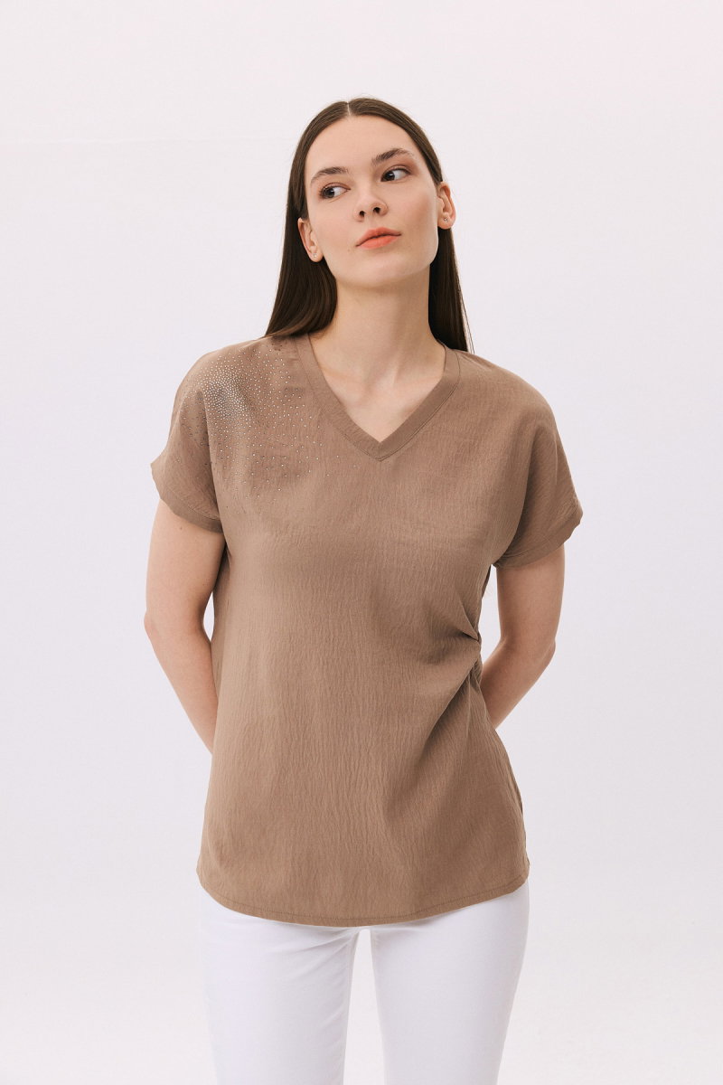 Daido Kadın V Yaka Taş Detaylı Kısa Kollu Bluz 6259 Vizon - 3