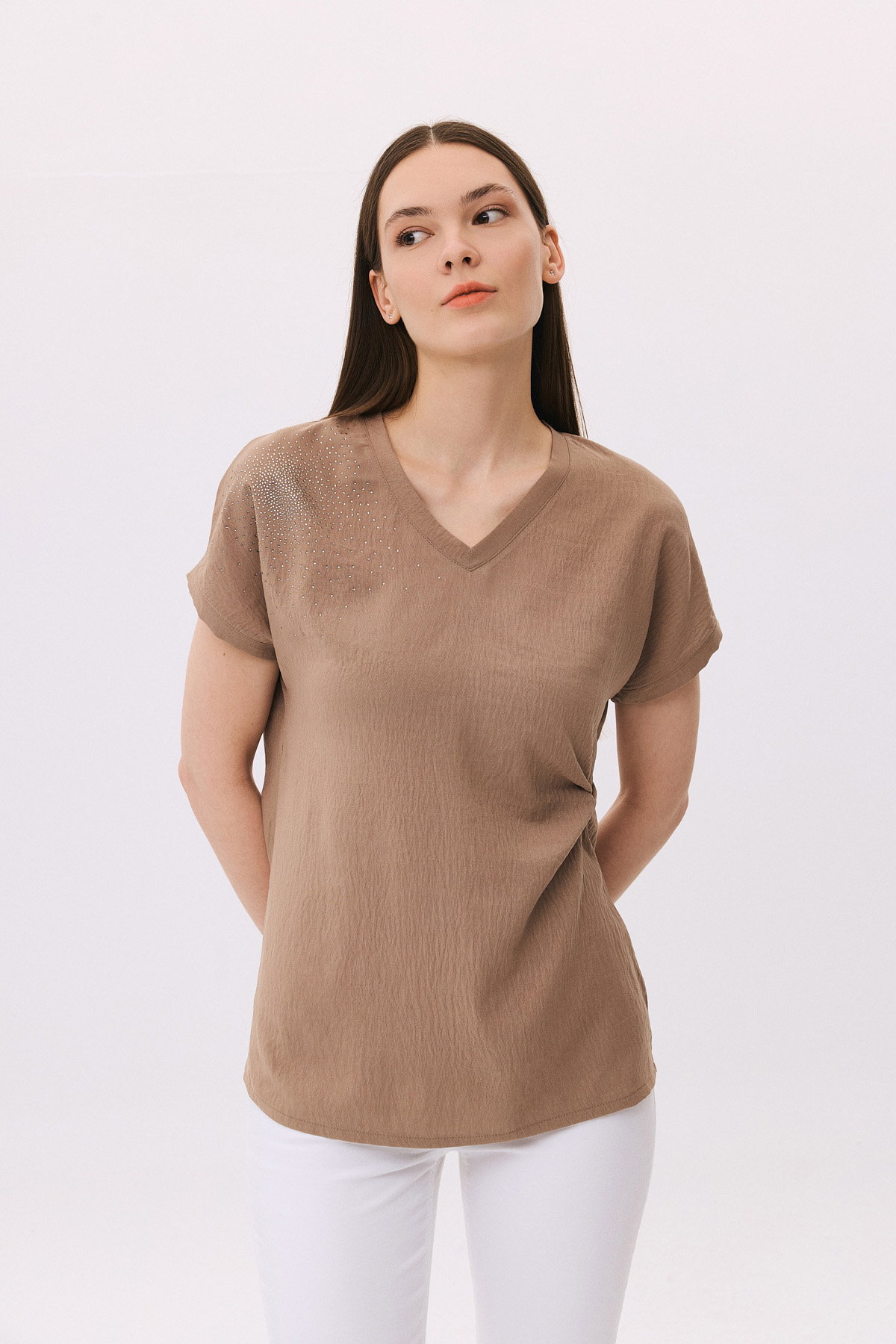 Daido Kadın V Yaka Taş Detaylı Kısa Kollu Bluz 6259 Vizon - 3